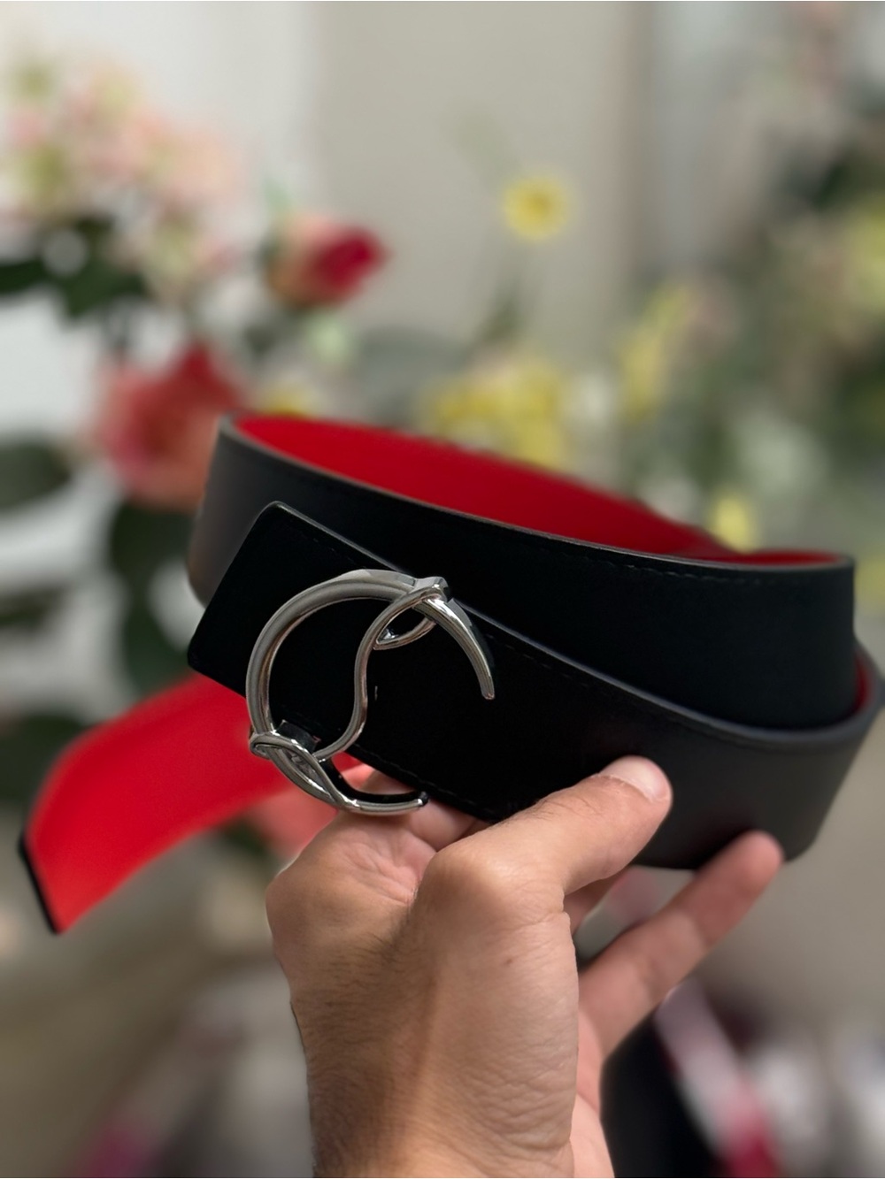 Black and Red Reversible Leather Belt with Silver Circular Buckle